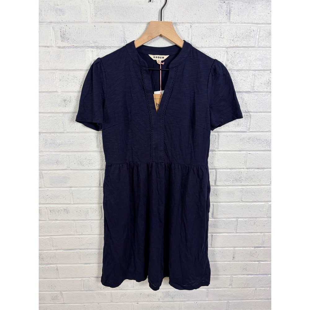 Boden Scallop Trim Jersey Dress Womens 6R Navy Blue V-Neck Short Sleeve Pockets